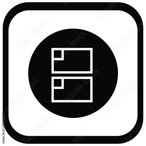 Black and white icon of two rectangles in a circle on isolated with square border