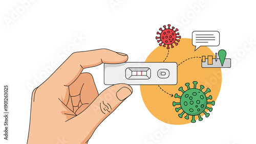 Close up of a hand holding a medical rapid test kit showing two red lines for a positive result near virus cells.