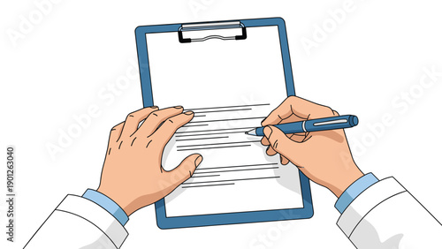 First person view of a doctor in a white lab coat using a blue pen to fill out a medical form on a clipboard.