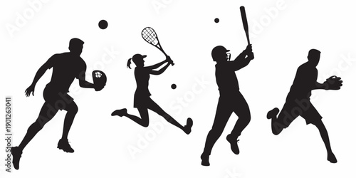 Silhouetted figures playing various sports tennis baseball and active recreation