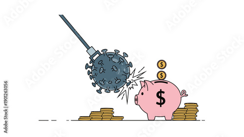 Giant coronavirus wrecking ball swinging to crash into a pink piggy bank full of gold coins representing economic crisis.