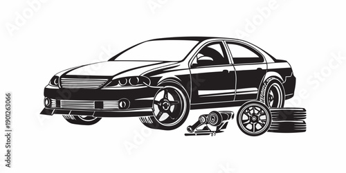 Black and white illustration of a sedan car with tire changing tools