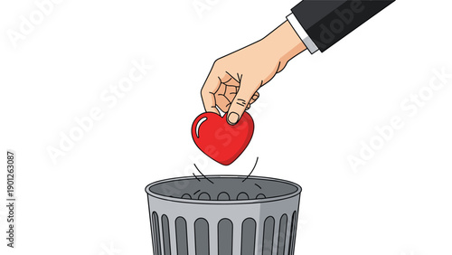 Hand of a businessman throwing a red heart shape into a waste bin representing rejected love, broken relationship, or lost empathy.