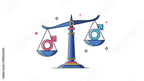 Gender equality concept featuring male and female symbols balanced on weighing scales against a clean white background.