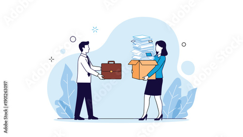 Businessman and businesswoman exchanging a briefcase and a box full of documents representing job turnover or career transition.