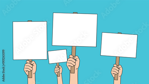Hands holding several blank protest signs in the air against a blue background for message space or advocacy and activism concepts.