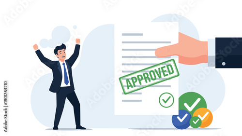 Hand holding a document with an approved stamp while a businessman cheers with excitement representing positive results or deal closure.