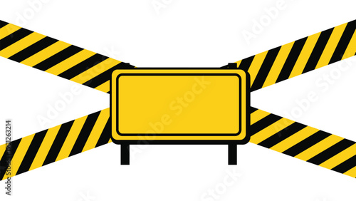 Yellow and black caution tapes crossing behind a blank yellow sign board representing warning, construction, or restricted area.