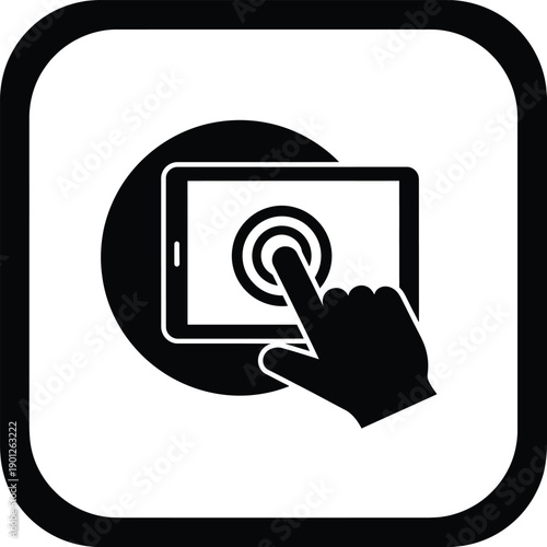 Black and white icon of a hand touching a tablet with a circular button on the screen