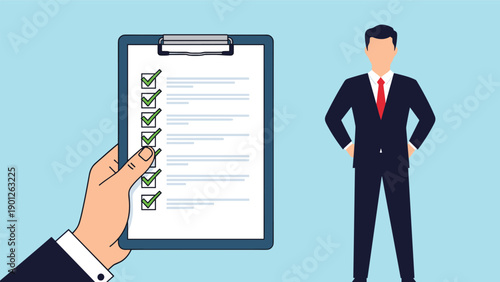 Hand holding a checklist with checkmarks while a businessman stands with hands on hips against a blue background for a success concept.