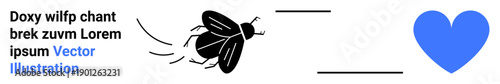 Nature concepts, love symbols, eco-awareness, graphic design, sustainability, modern art. A black insect flying toward a blue heart. Nature concepts and love symbols in a minimalist theme