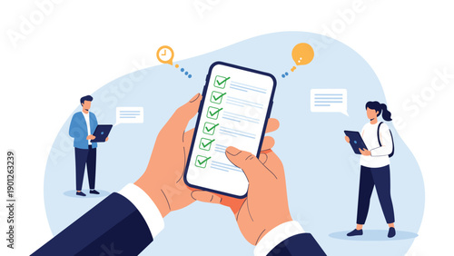 Hands holding a smartphone with a checklist while office workers use tablets representing digital task management and productivity.
