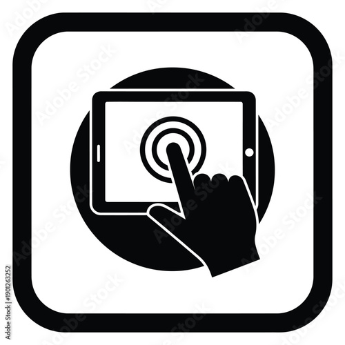 Black and white icon of a hand touching a tablet with a circular button on the screen