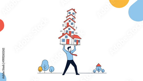 Businessman balancing several houses on his head depicts the heavy burden of property management and real estate debt.