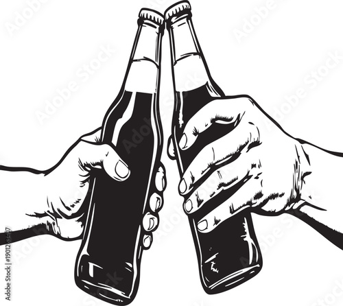 Two hands clinking beer bottles together in a toast, symbolizing friendship and camaraderie, in a stylized black and white illustration showcasing a universal moment of social bonding and enjoyment.