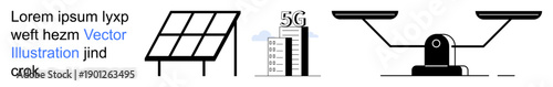 Sustainable energy, future technology, social justice, network infrastructure, communication, ethics. Solar panel, 5G tower and legal scale icons. Renewable energy and future technology concept