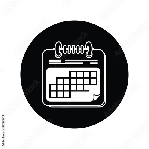 Black and white illustration of a calendar icon on a circular background