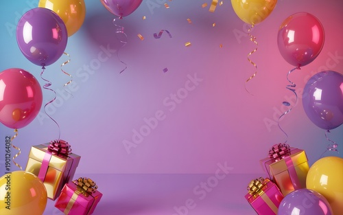 Colorful celebration with gift boxes and floating balloons against a gradient background