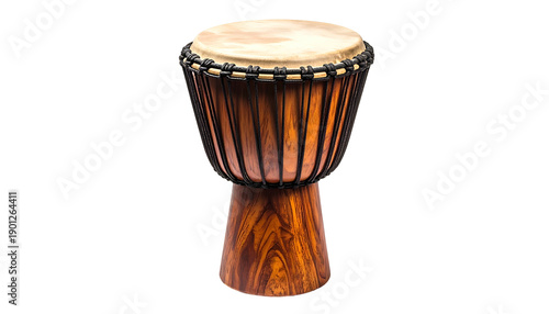 A beautifully carved wooden djembe drum stands against a pure black background