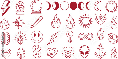 Collection of 25 unique tattoo style icons isolated on transparent background