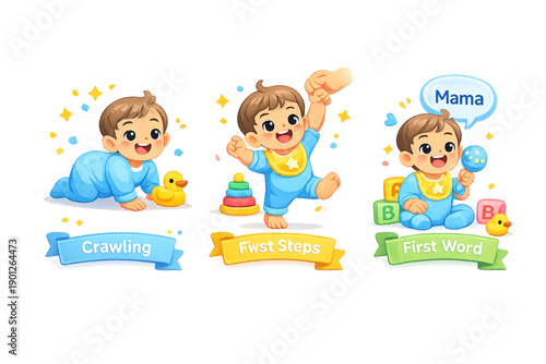 Cute Cartoon Baby Milestones: Crawling, First Steps, and Saying 'Mama' - Vector Illustration of Early Childhood Development and Growth Achievements for Educational Content