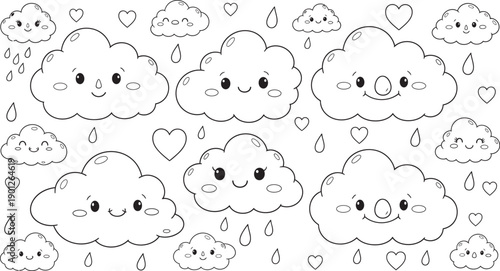 Kawaii cloud characters isolated on transparent background