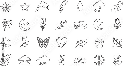 Collection of 25 black and white line drawings isolated on transparent background