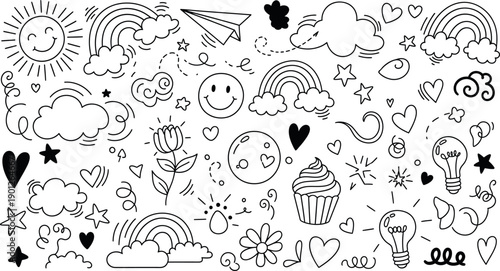 A black and white illustration of various cute cartoon doodles isolated on transparent background