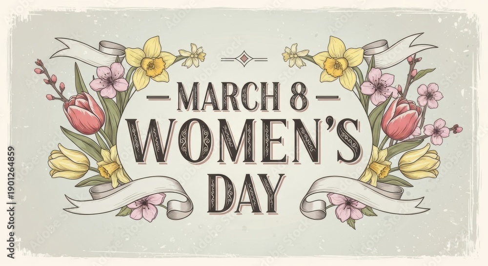 Fototapeta premium Happy Womens Day Elegant Poster with Luxury Hand Lettered Calligraphy and Floral Spring Design