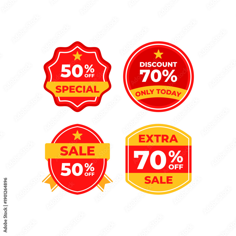 Obraz premium Four sale badges with percentage discounts on a white backdrop.