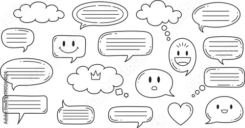 A collection of 18 cartoon speech bubbles and emoticon faces isolated on transparent background