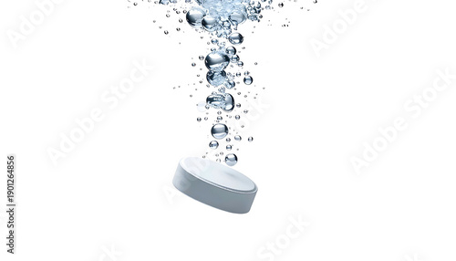 White tablet dissolving underwater, creating bubbly effervescence against a black background