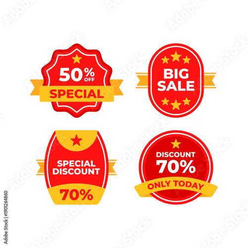 Sale badges and stickers with special discount information.
