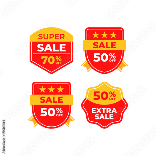 Four red and yellow sale badges of varying discounts.