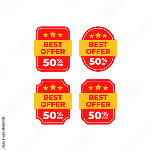 Red and yellow promotional badges read best offer 50 off together.