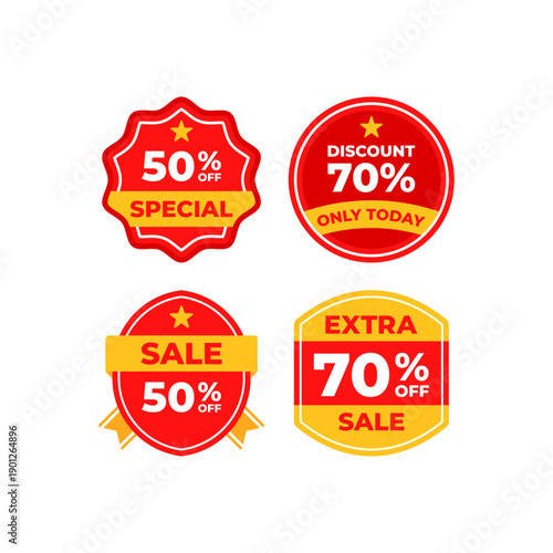 Four sale badges with percentage discounts on a white backdrop.