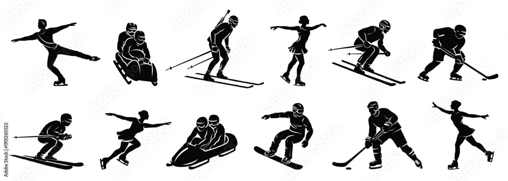 Fototapeta premium Black vector silhouettes set of winter sports athletes. Skiing, skating, hockey, bobsleigh, snowboarding actions. International winter games theme. Isolated flat illustration collection.