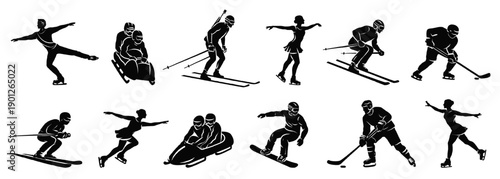 Black vector silhouettes set of winter sports athletes. Skiing, skating, hockey, bobsleigh, snowboarding actions. International winter games theme. Isolated flat illustration collection.