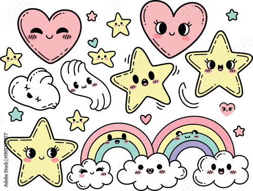 Cute cartoon stars hearts clouds and rainbows isolated on transparent background