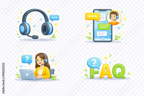 Cute Cartoon Customer Service Vector Set: Headset, Online Mobile Chat Support, Helpdesk Agent Working on Laptop, and Colorful FAQ Icon for Website Design.