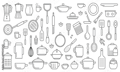 Kitchen utensils and appliances line icons