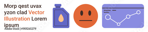 Business strategy, data analysis, emotional expression, product design, marketing concepts, digital interfaces. A chart, face emotion and bottle with a droplet icon. Data analysis and emotional