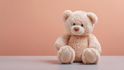 A soft beige teddy bear sitting on a pale surface against a peach-colored background. Concept Soft beige teddy bear, Pale surface, Peach backdrop, Pastel color palette, Minimalist toy photography