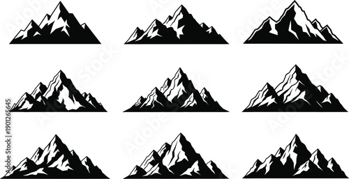 Black and white vector collection of mountain range silhouettes and sharp peaks isolated on white background for outdoor adventure, hiking logos, and travel branding.