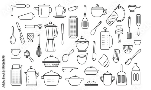 Kitchen utensils and cookware line icons set