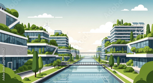 Futuristic eco friendly cityscape with green buildings and canal