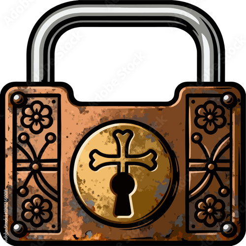 Rustic vintage padlock with floral and cross engravings on distressed brass body open shackle