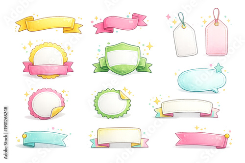 Cute Sparkly Kawaii Ribbon Banner and Badge Collection Vector Set: Hand-Drawn Pastel Watercolor Elements for UI Design, Stickers, Game Assets, and Promotions