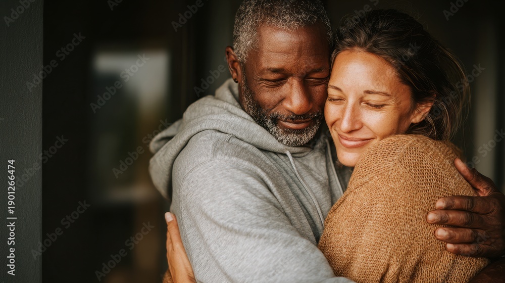 Obraz premium Diverse couple embracing, showing intimacy and peaceful love