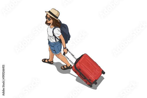 Woman walking with a red suitcase and wearing a sunhat viewed from above